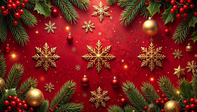 A festive, vibrant red background featuring golden snowflake and bauble ornaments, framed by traditional green holly and pine branches with red berries and sparkling lights.