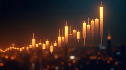 Glowing golden stock chart candles rise sharply against a dark, bokeh-lit city backdrop.