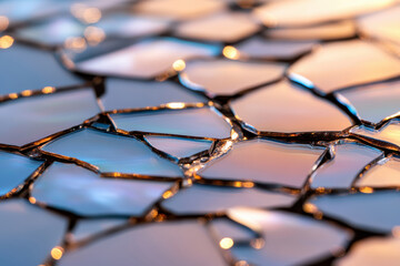 A striking composition of geometric shell fragments reflecting rainbow hues in sunlight, showcasing a blend of nature's artistry and modern abstract design elements.