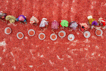 Aerial view of vibrant red chillies laid out to dry, creating a striking carpet of color with workers carefully sorting them, Bogura, Rajshahi Division, Bangladesh.