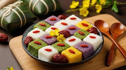 Obraz premium Colorful Square Rice Cakes with Toppings on a Plate