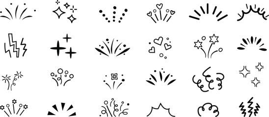 Line surprise icon element set. Hand drawn line sun bursts, cartoon star sparkles, and playful surprise rays with comic starburst and whimsical sunshine comic effect elements. Vector illustration.