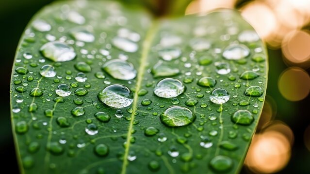 Close up of green leaf with many water droplets rain