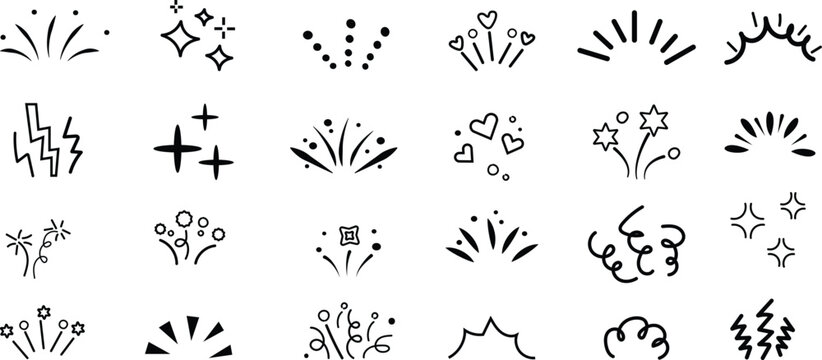 Line surprise icon element set. Hand drawn line sun bursts, cartoon star sparkles, and playful surprise rays with comic starburst and whimsical sunshine comic effect elements. Vector illustration.