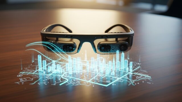 Augmented Reality Glasses Projecting a Holographic City Map headset technology - Powered by Adobe