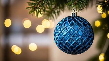 Blue Christmas Ornament Hanging on a Fir Tree Branch