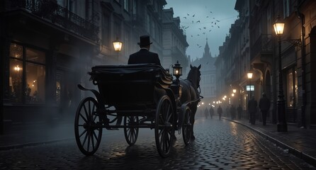 historic horse-drawn carriage travels a cobblestone street in a misty european city at dusk.