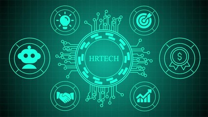 Abstract concept of hr tech represented by glowing neon green circuit board icons surrounding a central hub labeled hrtech on a dark background, symbolizing digital transformation in human resources