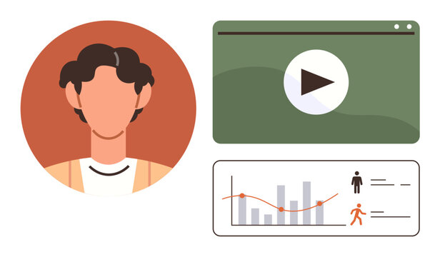 User profile next to video player and bar chart with analytics. Ideal for e-learning, data insights, strategy, technology, marketing, education, communication. Simple flat metaphor