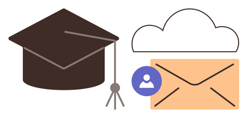 Graduation cap with cloud, envelope, and profile icon signifies online learning, communication, career progression, and digital platforms. Ideal for education, networking, online services