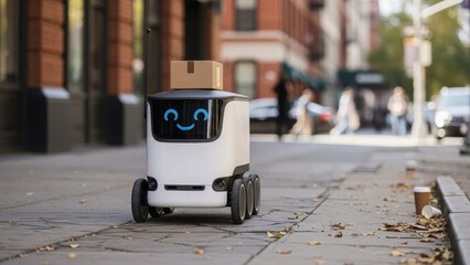 Autonomous Delivery Robot with a Cardboard Box on a City Sidewalk (360) ytdd