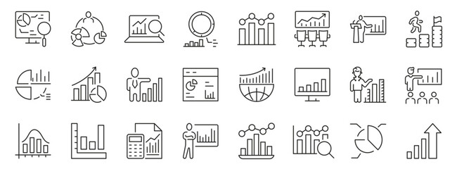 Statistics web line icon set. Data analysis, infographic. Editable stroke. Vector