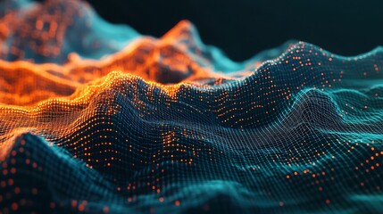 Glowing orange and blue data points form an interconnected digital network across an undulating landscape