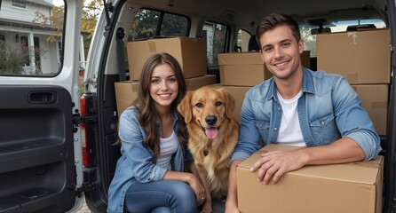 happy young couple with golden retriever dog moving into new home with cardboard boxes in van