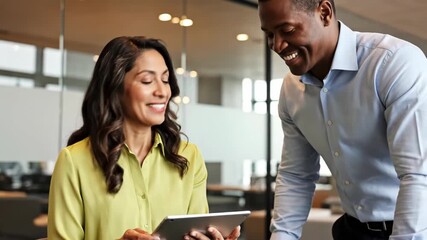 Smiling diverse business colleagues collaborating in modern office environment while looking at digital tablet screen together - Powered by Adobe