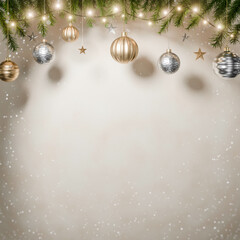 Christmas Greeting Card Background with Gold and Silver Baubles, Pine Branches, Soft Snowfall and Blank Space for Text – Festive Square Holiday Design with Ornaments