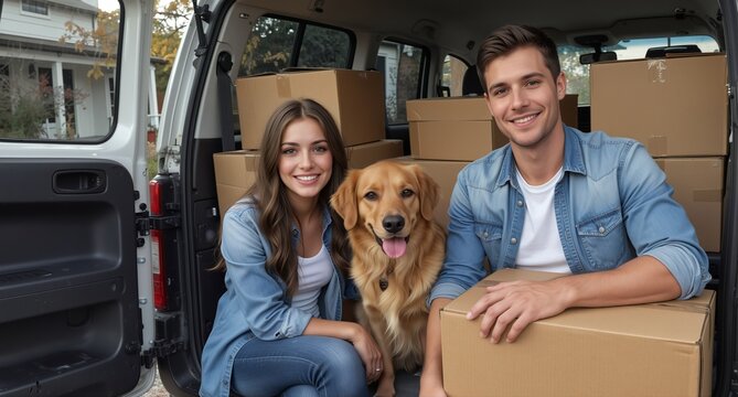 happy young couple with golden retriever dog moving into new home with cardboard boxes in van