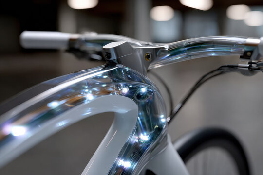 A sophisticated bicycle design showcasing a transparent frame illuminated with LED lights, blending technology and aesthetics in a modern context, emphasizing innovation.