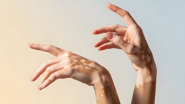 Two hands with patches of vitiligo, a long-term condition that causes the skin to lose its natural color. autoimmune disorder