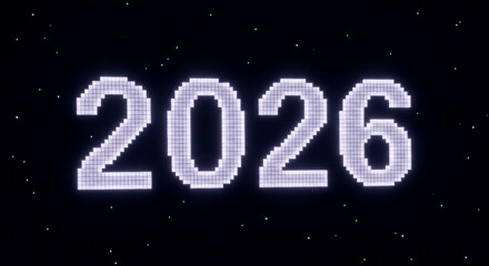 Digital pixelated year 2026 glowing in a dark space.