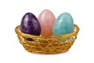 Polished crystal eggs in a golden basket, including amethyst, rose quartz, and amazonite, isolated