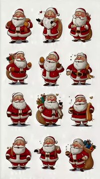 ​A collection of twelve cheerful, hand-drawn style cartoon illustrations of Santa Claus, each depicted in a different festive pose, holding gifts, a sack, or waving.

