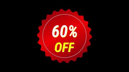 A vibrant red discount sticker with jagged edges displaying '60% OFF' video in white and yellow text on a solid black background, indicating a significant sale.