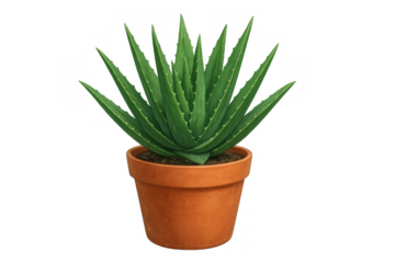 Aloe vera plant in terracotta pot, a succulent houseplant for natural skincare, health, and home decor, transparent background
