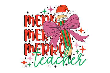 Merry Merry Merry Teacher Shirt Cute Christmas Pencil Bow Holiday Teacher T‑Shirt