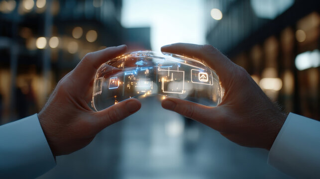 The image illustrates hands grasping a luminous, transparent digital interface, representing the intersection of human interaction and advanced technology in a modern urban environment.