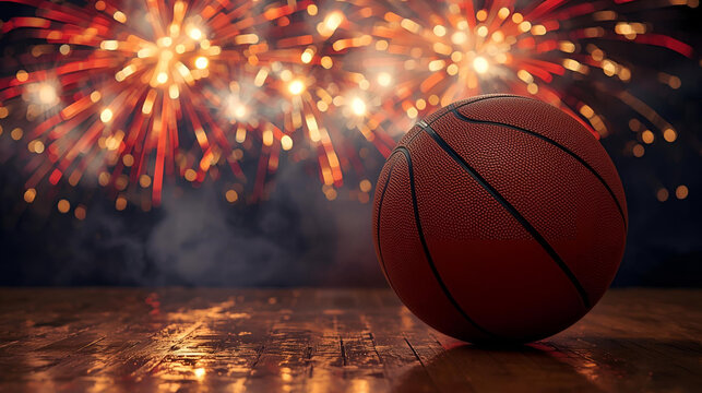 Orange leather basketball ball on the floor with fireworks in the background for independence day or new year celebration ai