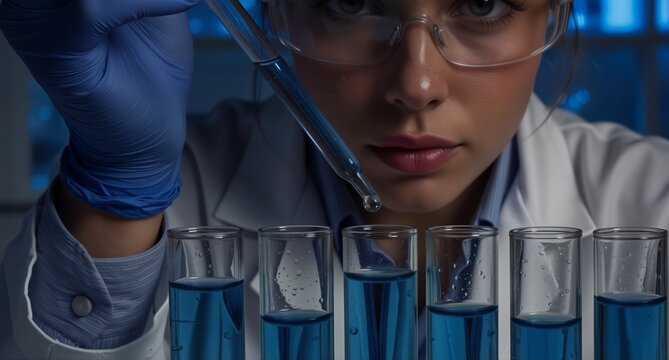 female scientist adding liquid to test tubes in a laboratory setting for research or analysis.