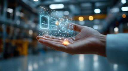 This image presents a futuristic hand showcasing a holographic interface, illustrating advanced technology, user interaction, and digital innovation in a sleek industrial environment.