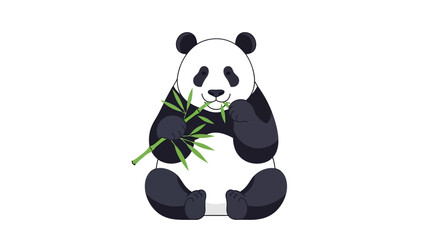 Cute Cartoon Panda Eating Bamboo on White Background