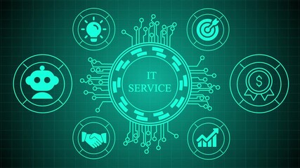 Futuristic digital concept illustration for it service management featuring glowing neon icons for idea, robot, handshake, growth, target, and finance on a dark teal circuit board background - Powered by Adobe