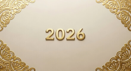Elegant 2026 golden numbers with decorative corner design.
