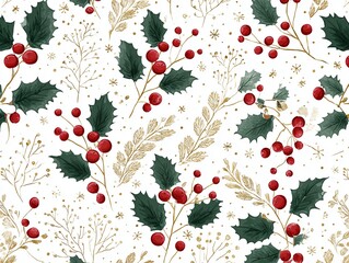 Christmas seamless pattern featuring holly leaves, red berries, white background, gold fine branches, subtle snowflakes
