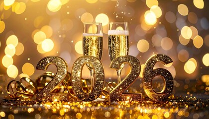 Golden illuminated "2026" numbers stand upright beside two champagne glasses filled with sparkling wine, set against a warm bokeh-lit festive background.