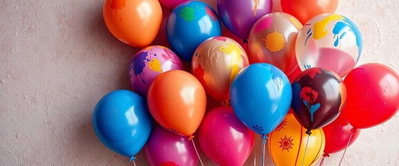 Vibrant painted balloons against a textured backdrop, happy, playful