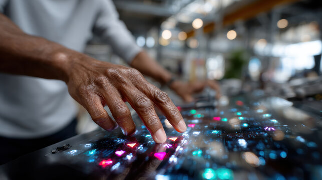 A close-up view of a hand interacting with a futuristic interface full of vibrant lights and colorful keys, emphasizing the blending of human and technology.