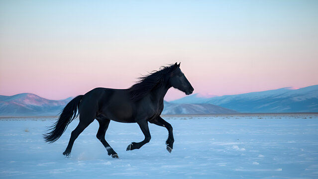 A black horse running across a snowy field with mountains behind it - Powered by Adobe