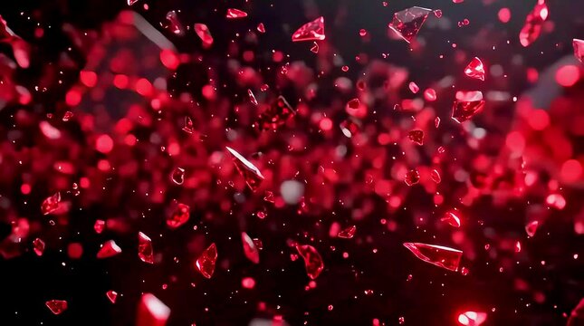 Shattered red glass dynamically forming in a powerful explosion