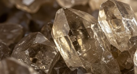 Close up photograph showcases several natural smoky quartz crystal points clustered together