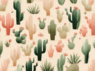 Cute cactus desert seamless repeating patterns, pastel colors, pink, green, and beige tones