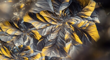 Complex crystalline structures exhibit striking radial patterns with contrasting yellow and gray coloration