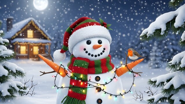 Festive snowman with robin in winter wonderland scene - Powered by Adobe