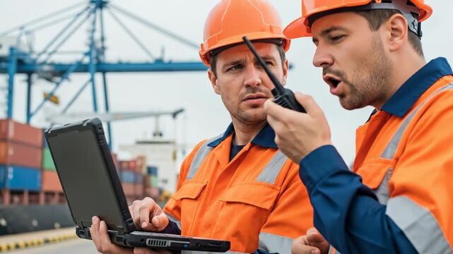 Construction workers coordinate at a shipping port using technology and teamwork. collaborative problemsolving strengthens efficiency and communication.