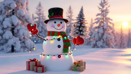 Fototapeta premium Cheerful snowman with gifts in a snowy winter wonderland scene