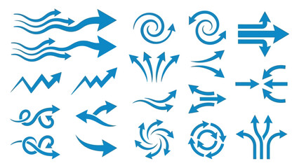 Stylized Blue Vector Icon Set of Wind and Airflow Patterns &ndash; Featuring Arrows, Swirls, and Circular Motions for Visual Themes in Weather, Motion Graphics, Environmental Design, and Aerodynamic Concept
