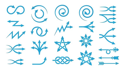 Stylized Blue Vector Icon Set of Wind and Airflow Patterns &ndash; Featuring Arrows, Swirls, and Circular Motions for Visual Themes in Weather, Motion Graphics, Environmental Design, and Aerodynamic Concept
